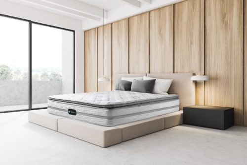 Luxury modern master bedroom corner with balcony, white and wooden walls, concrete floor, cozy king size bed with two bedside tables and white lamps hanging above them. 3d rendering