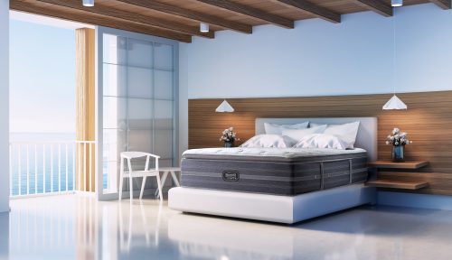 Modern white and wooden bedroom by the beach sea view - 3D rendering
