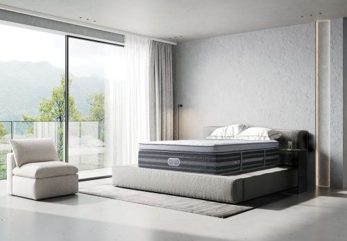 Modern interior bedroom, minimalist style, gray stucco wall, 3d render